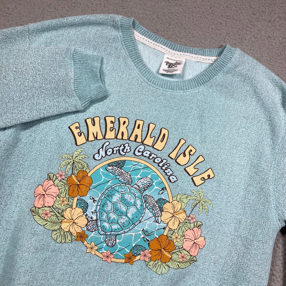 Pacific & Co Sweatshirt Womens Large Blue Emerald Isle NC Sea Turtle Graphic